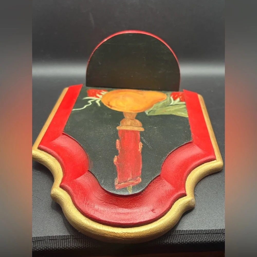Vintage Hand Painted Artist Signed Wood Wall Shelf, Candle Strawberry Pear Motif